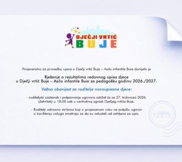 Rezultati redovnog upisa u Dječji vrtić Buje za pedagošku godinu 2026./2027.